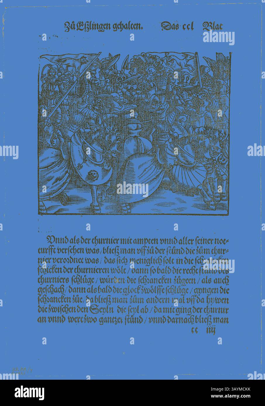 Une illustration historique représentant une scène de bataille chaotique, avec des figures blindées, des drapeaux et des expressions de détermination. Le texte ci-dessous fournit un contexte aux événements dramatiques qui se déroulent, suggérant des thèmes de conflit et de vaillance. Illustration de Turnierbuch (Livre de tournoi), planche sept tirée de gravures sur bois de livres du XVI siècle, 1530, Assemblée en portfolio 1937, attribuée à Monogrammist H.H. (allemand, actif 1539-1559), Assemblée par Max Geisberg (suisse, 1875-1943), Allemagne, gravure sur bois, 125 × 147 mm (image), 241 × 147 mm (image/te×t), 285 × 198 mm (feuille) Art classique avec un Banque D'Images