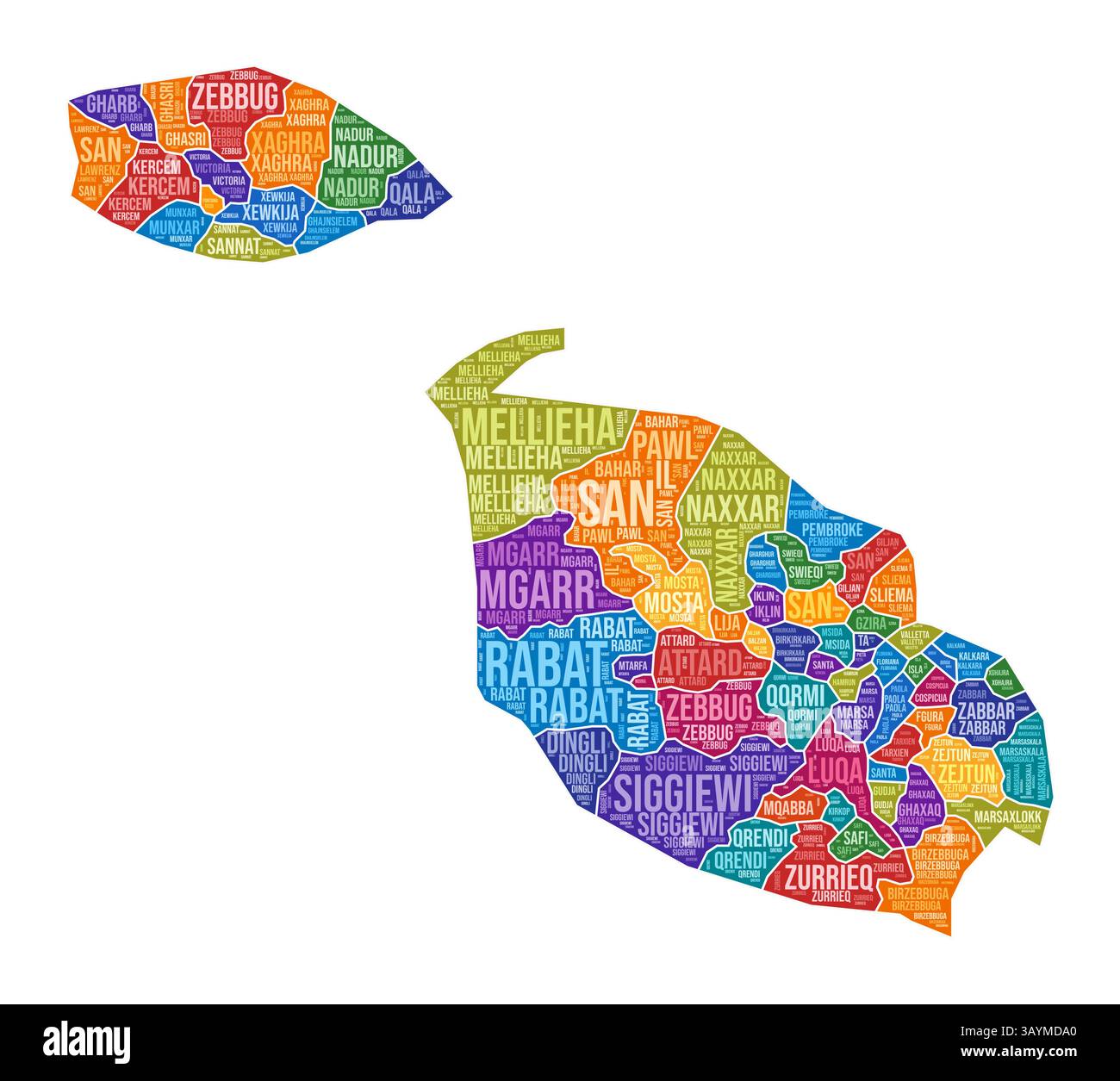Forme Malte. Nuage de mots de pays avec division de région. Malte illustration colorée. Nuage de noms de région. Illustration vectorielle. Illustration de Vecteur