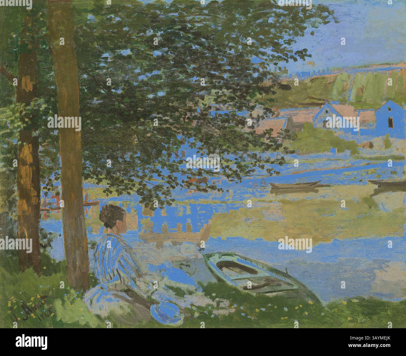 Un paysage serein avec une femme assise au bord d'une rivière, entourée de verdure luxuriante et de maisons pittoresques en arrière-plan. L'eau calme reflète la beauté naturelle, créant une atmosphère paisible. Sur la rive de Seine, Bennecourt, 1868, Claude Monet, Français, 1840-1926, France, huile sur toile, 81,5 × 100,7 cm (32 1/16 × 39 5/8 in.) Art classique avec une touche moderne réinventé par Artotop Banque D'Images