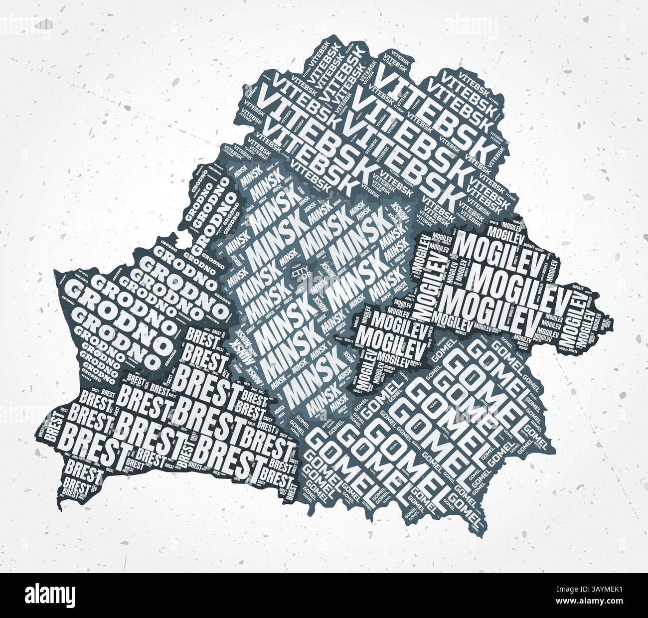 Nuages de mots des régions de Biélorussi Forme de pays sur fond texturé. Design biélorusse dans un style typographique. Illustration vectorielle artistique. Illustration de Vecteur