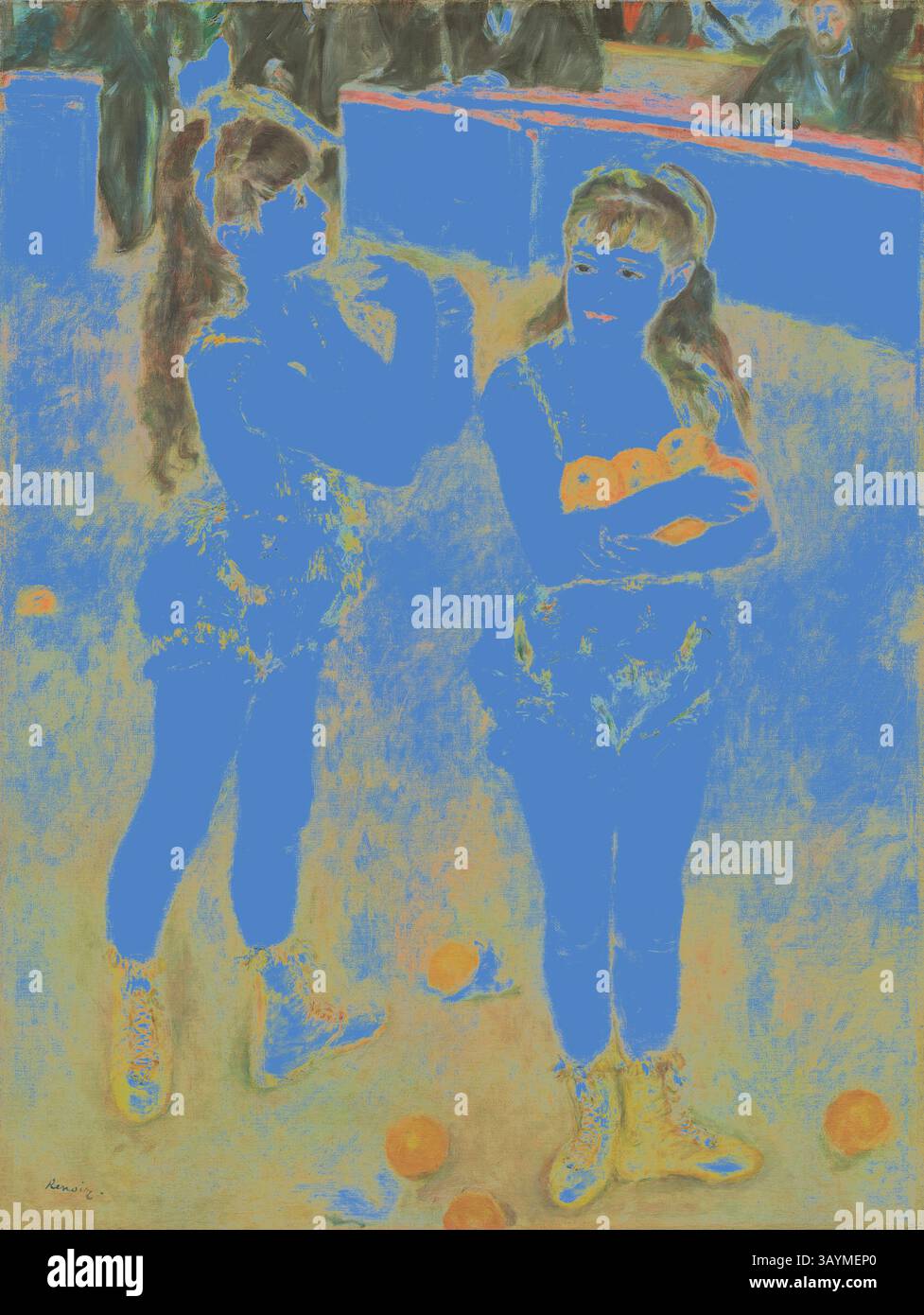 Deux interprètes féminines dans des costumes élégants, engagées dans la conversation, se tiennent au milieu d'une scène animée. Leurs tenues distinctives et leurs expressions ludiques véhiculent un sentiment de camaraderie et d'excitation, tandis que les couleurs vives et le fond dynamique suggèrent une atmosphère énergique. Acrobates au Cirque Fernando (Francisca et Angelina Wartenberg), 1879, Pierre-Auguste Renoir, français, 1841-1919, France, huile sur toile, 131,2 × 99,2 cm (51 ½ × 39 1/16 in.) Art classique avec une touche moderne réinventé par Artotop Banque D'Images