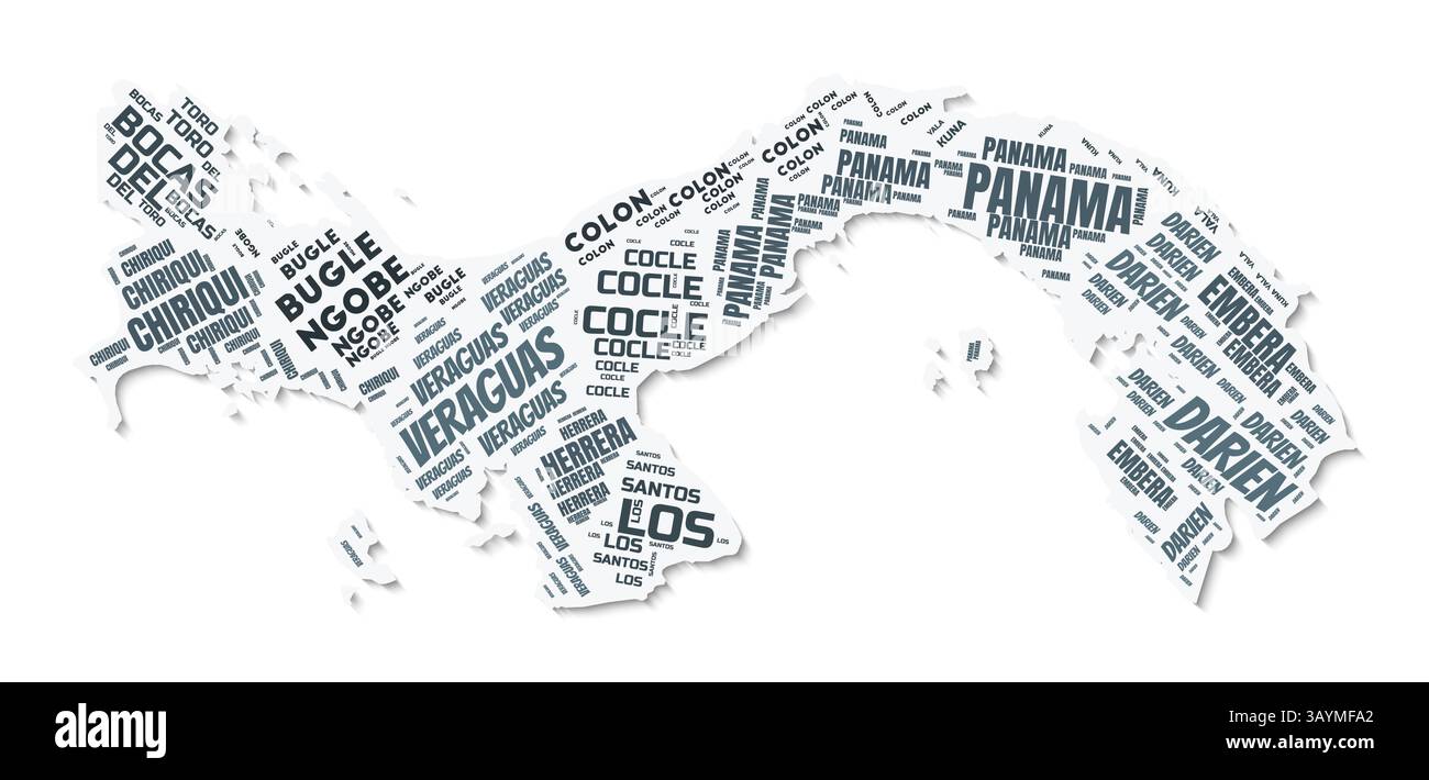 Nuage de texte de forme Panama. Frontière de pays avec ombre sur fond blanc. Panama avec division des régions dans le style vintage gazette. Illustration de Vecteur