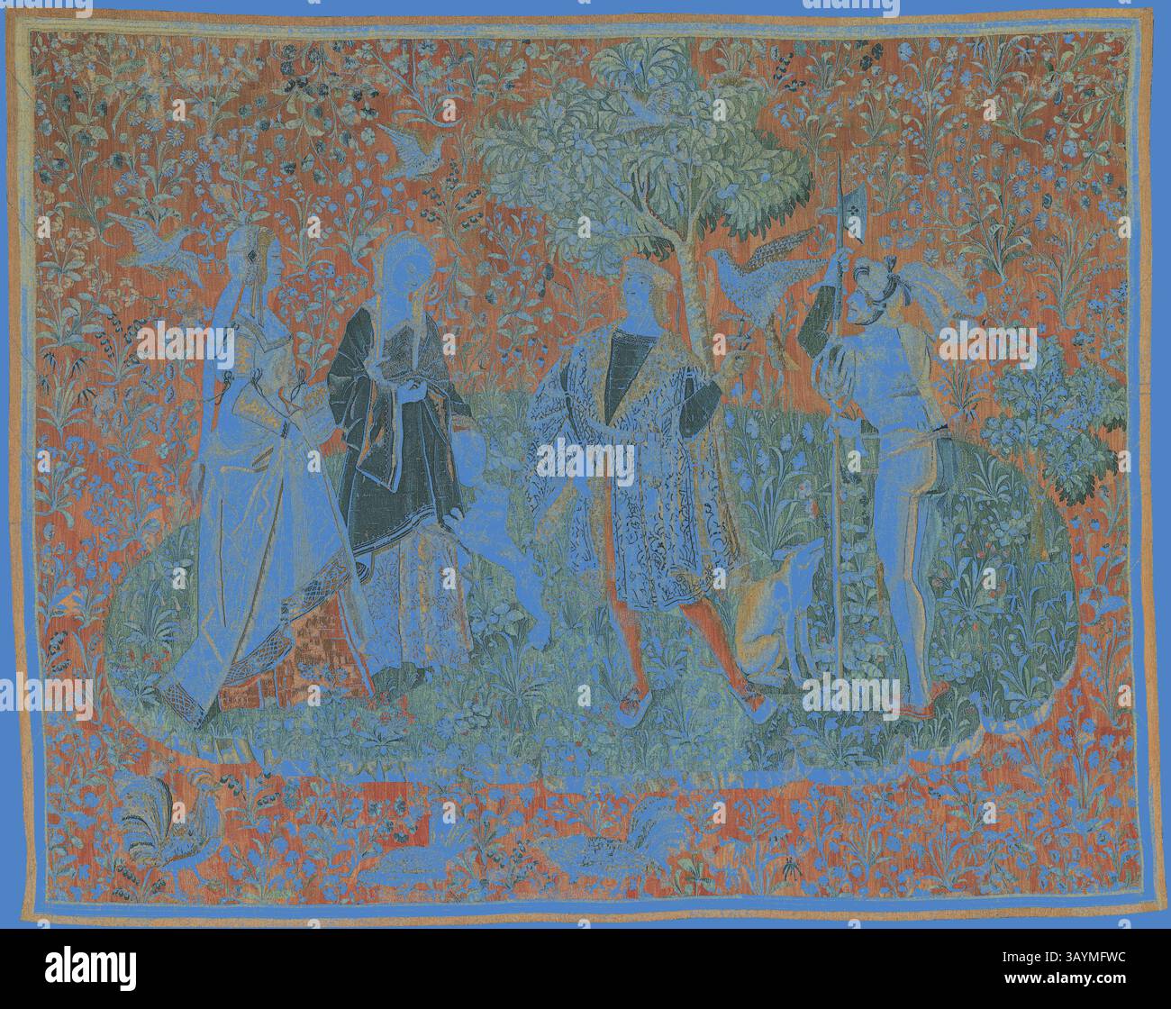 Une scène représentant quatre personnages dans un cadre luxuriant et vibrant orné de feuillage et d'oiseaux, suggérant un récit riche en interaction et en émotion. Les personnages, vêtus de vêtements distinctifs, semblent engagés dans un dialogue ou une activité, sur un fond magnifiquement détaillé qui améliore l'enchantement général de la scène. Un fauconnier avec deux dames et un soldat à pied, v. 1500, France ou Flandre, peut-être Paris ou Bruges, Bruges, laine et soie, entaille et double entrelacement de tapisserie, 362,7 × 285,8 cm (142 7/8 × 112 1/2 po.) Art classique avec une touche moderne réinventé par Banque D'Images