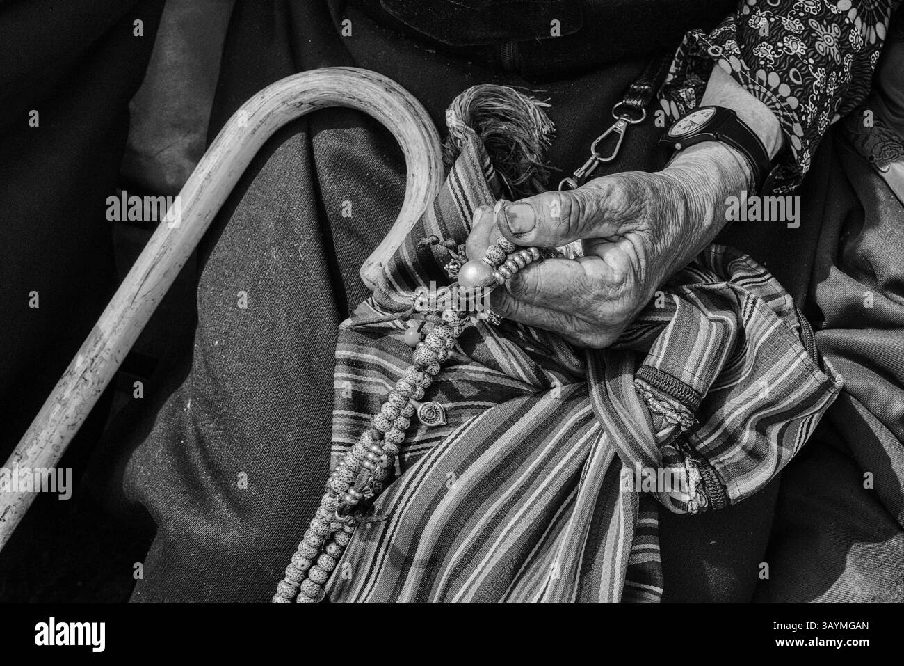 Gros plan détaillé d'une main tenant délicatement un bracelet mala tibétain, traditionnellement utilisé pour la prière et la méditation. Ces perles sacrées, souvent confectionnées Banque D'Images