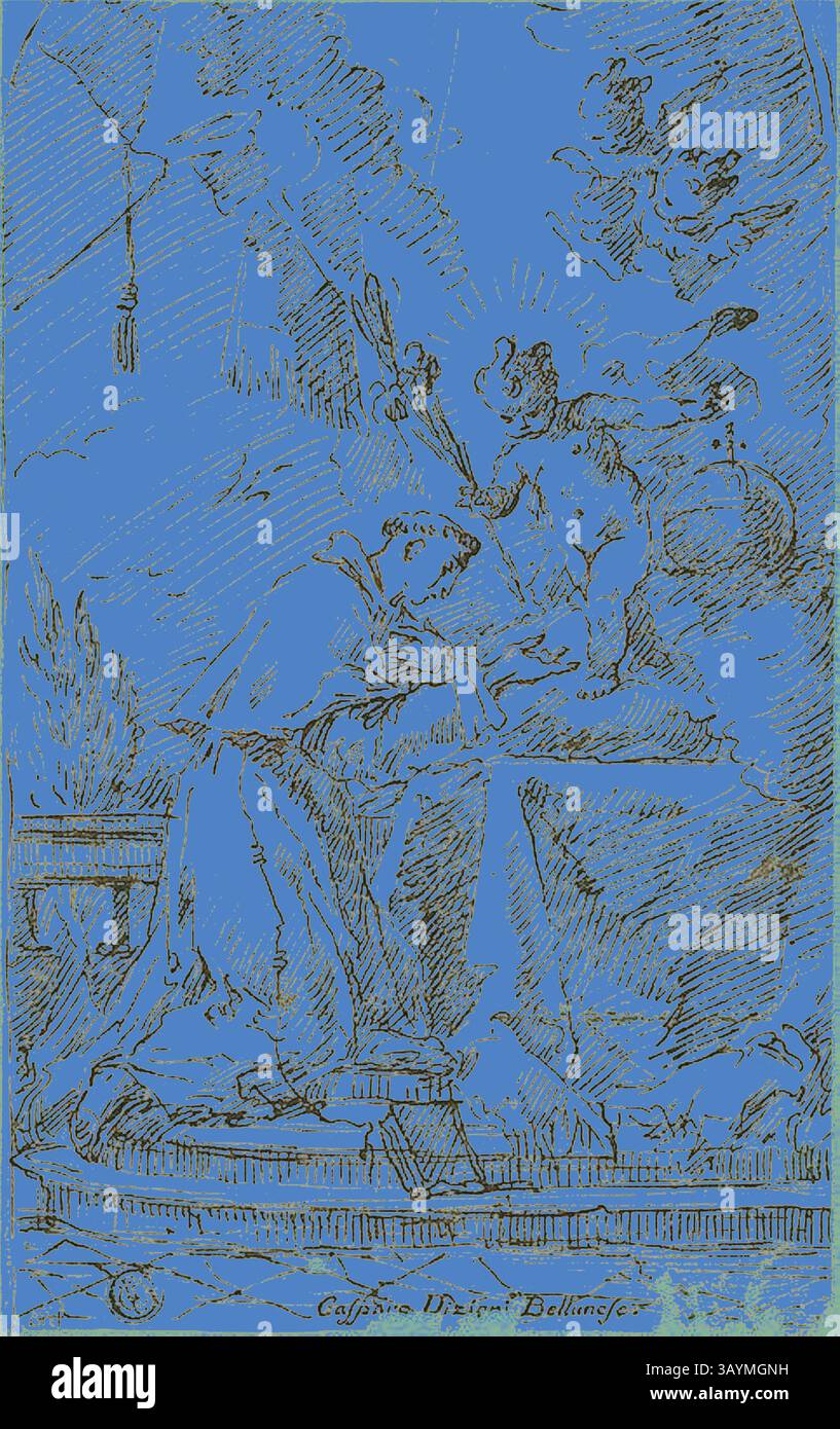 Une scène classique représentant une figure assise gracieusement, ornée de robes complexes, entourée de symboles de l'art et de la connaissance. La composition transmet un sentiment de sérénité et d’inspiration, mis en évidence par des lignes fluides et des éléments détaillés qui suggèrent un lien avec des thèmes mythologiques. Saint Antoine de Padoue et l'enfant Jésus, s.d., Gaspare Diziani, italien, 1689-1767, Italie, stylo et encre brune sur craie rouge, sur papier posé ivoire, posé sur papier tissé vert, 235 x 147 mm Art classique avec une touche moderne réinventée par Artotop Banque D'Images