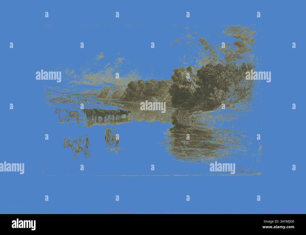Un paysage serein avec des bovins en pâturage près d'un plan d'eau calme, entouré d'arbres luxuriants et de douces collines. L'atmosphère transmet un sentiment de tranquillité et de connexion à la nature. A Lancashire River, 1881, Francis Seymour Haden, anglais, 1818-1910, Angleterre, gravure sur papier tissé crème, 280 × 405 mm (image/plaque), 397 × 567 mm (feuille) Art classique avec une touche moderne réinventé par Artotop Banque D'Images