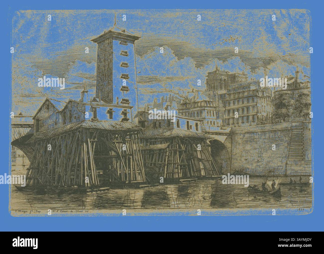 Une illustration détaillée montrant une scène de front de mer avec une grande tour structurée sur pilotis, entourée de bâtiments et d'un pont. L'eau calme reflète l'architecture, tandis que les bateaux naviguent doucement sur la rivière, ajoutant un sentiment de vie à ce cadre serein. La pompe notre-Dame, Paris, 1852, Charles Meryon, Français, 1821-1868, France, gravure à la pointe sèche sur canin posé tan, articulé sur papier posé ivoire, 172 × 253 mm (image), 172 × 253 mm (plaque), 182 × 260 mm (support primaire), 231 × 320 mm (support secondaire) Art classique avec une touche moderne réinventée par Artotop Banque D'Images
