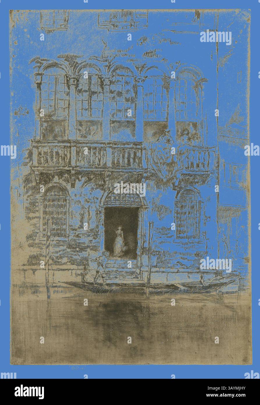 Une scène sereine d'un bâtiment historique orné d'arcades et d'un balcon, où une figure se dresse à l'entrée. Le cadre comprend de l'eau calme au premier plan, reflétant les détails architecturaux, tandis qu'une teinte bleue éclatante enveloppe l'arrière-plan, améliorant l'atmosphère globale. The Balcony, 1879/80, James McNeill Whistler, américain, 1834-1903, États-Unis, gravure et point sec avec piqûre à l'encre brun foncé sur papier ivoire, 295 x 201 mm (image, rogné dans la marque de plaque), 300 x 201 mm (feuille) Art classique avec une touche moderne réinventée par Artotop Banque D'Images