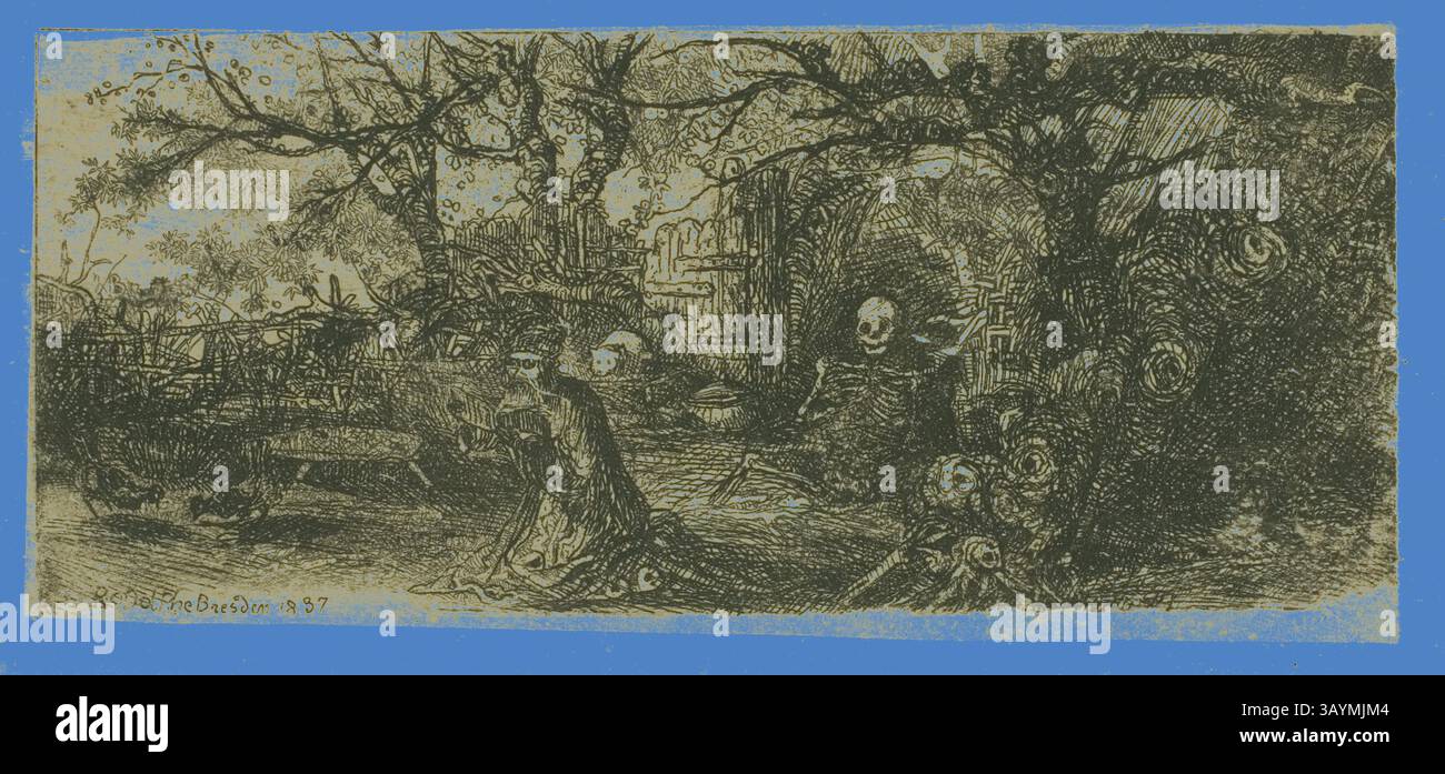 Une scène envoûtante représentant un paysage mystérieux avec des figures étranges, des arbres tordus et des éléments fantomatiques, évoquant un sens du macabre et explorant les thèmes de la mortalité et du surnaturel. Anthony et la mort, 1837, Rodolphe Bresdin, français, 1825-1885, France, gravure sur papier porcelaine crème posé sur papier tissé blanc, 97 × 42 mm (image), 105 × 50 mm (feuille) Art classique avec une touche moderne réinventée par Artotop Banque D'Images