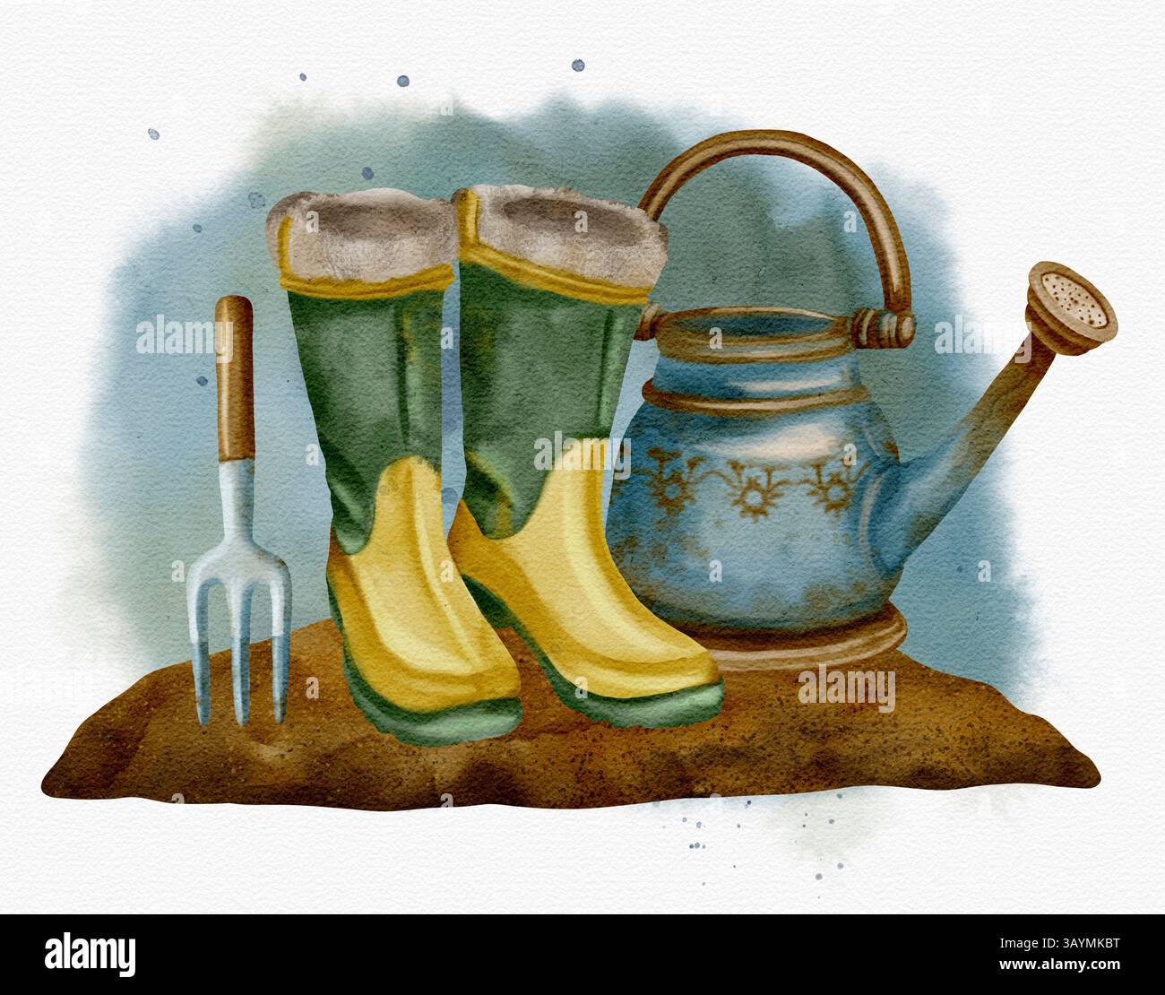Une illustration charmante et charmante représentant des bottes de jardinage, un arrosoir et une fourchette reposant sur le sol. Composition d'aquarelle dessinée à la main isolée sur un fond blanc. Banque D'Images