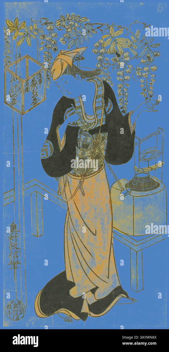 Une silhouette gracieuse en tenue traditionnelle se dresse avec une pose douce, entourée de délicates fleurs de wisteria. Elle semble concentrée sur une tâche, avec une théière à proximité, évoquant une atmosphère sereine de patrimoine culturel et d'élégance. L'acteur Sanogawa Mangiku I dans le rôle d'Ohatsu dans la pièce Sogazaki Shinju, jouée au théâtre Nakamura dans le quatrième mois, 1719, 1719, Okumura Masanobu, japonais, 1686-1764, Japon, imprimé sur bois coloré à la main, hosoban, urushi-e, 30,3 x 15,2 cm Art classique avec une touche moderne réinventée par Artotop Banque D'Images