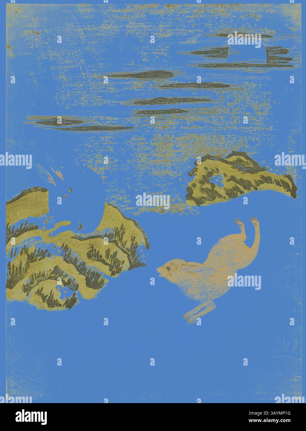 Une scène fantaisiste met en scène un lapin ludique et une créature curieuse au milieu de paysages rocheux stylisés, le tout sur fond bleu vif, évoquant une atmosphère onirique. Lièvres jouant dans Surf on a Moonlit Night, v. 1771, attribué à Isoda Koryusai, japonais, 1735-1790, Japon, impression couleur sur bois, chuban, 11 x 8 1/8 po Art classique avec une touche moderne réinventé par Artotop Banque D'Images