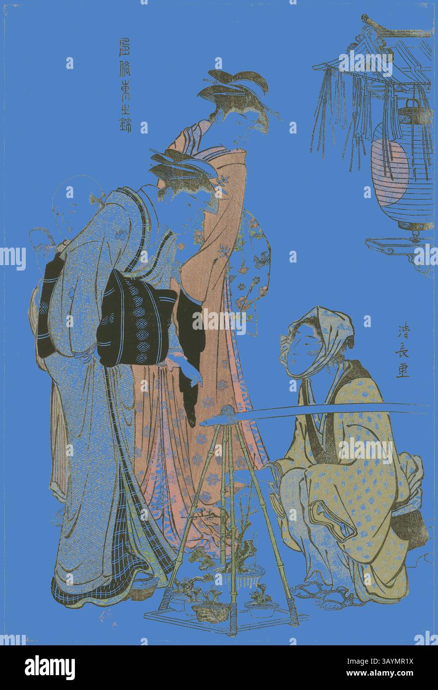 Une scène sereine avec des personnages élégamment habillés engagés dans une forme d'art traditionnel, entouré d'une végétation luxuriante et d'ornements délicats. La composition met en valeur les vêtements culturels et l'artisanat, évoquant un sentiment d'harmonie et d'appréciation de la nature. Acheter des plantes en pot, de la série A Brocade of Eastern Manners (Fuzoku Azuma no nishiki), c. 1783/84, Torii Kiyonaga, japonais, 1752-1815, Japon, impression sur bois couleur, oban, 39,6 x 26,6 cm Art classique avec une touche moderne réinventée par Artotop Banque D'Images