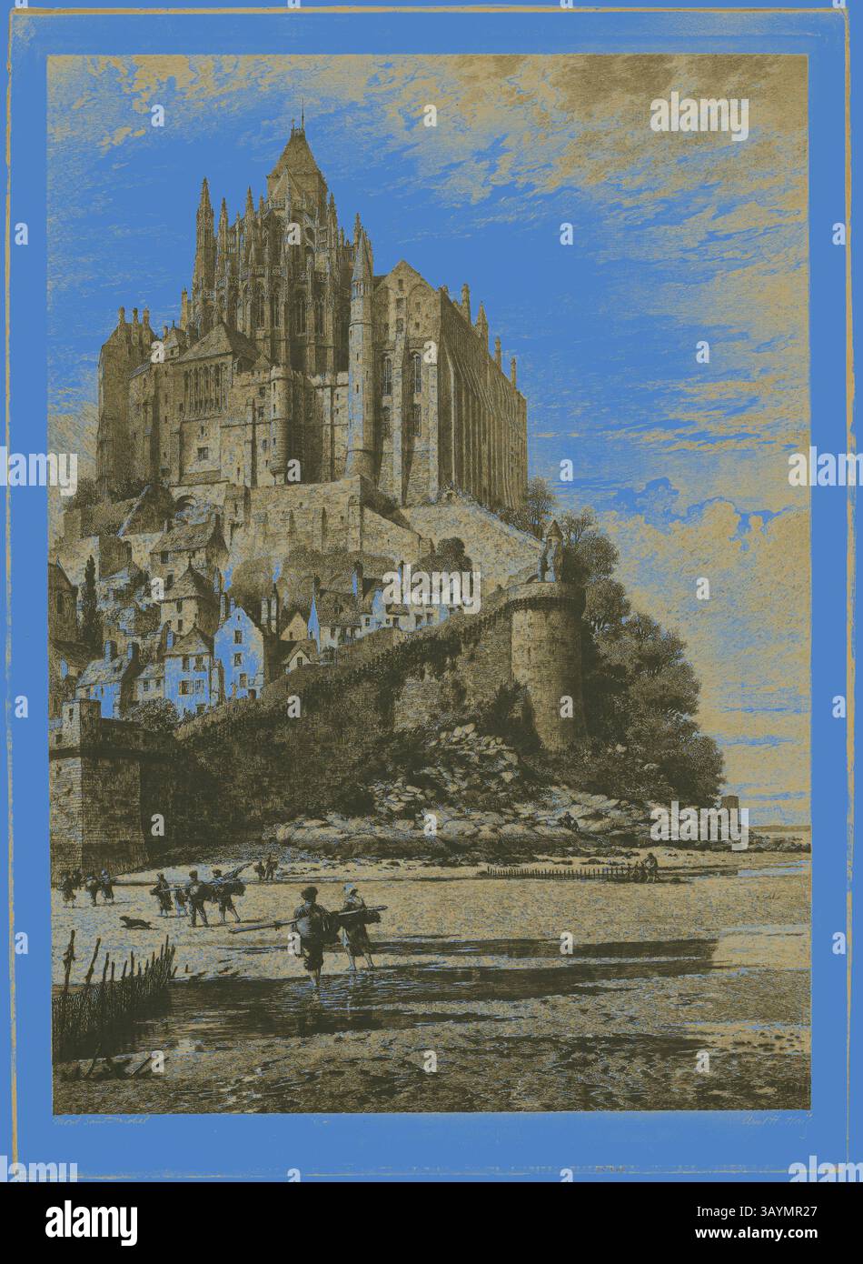 Une imposante abbaye médiévale se dresse majestueusement au sommet d'une colline rocheuse, entourée de maisons pittoresques le long du bord de l'eau, avec des nuages qui dérivent au-dessus et un sentiment d'intemporalité dans l'air. Mont Saint-Michel, 1882, Axel Herman Haig, Suédois, 1835-1921, Suède, gravure en noir sur papier Art classique avec une touche moderne réinventée par Artotop Banque D'Images