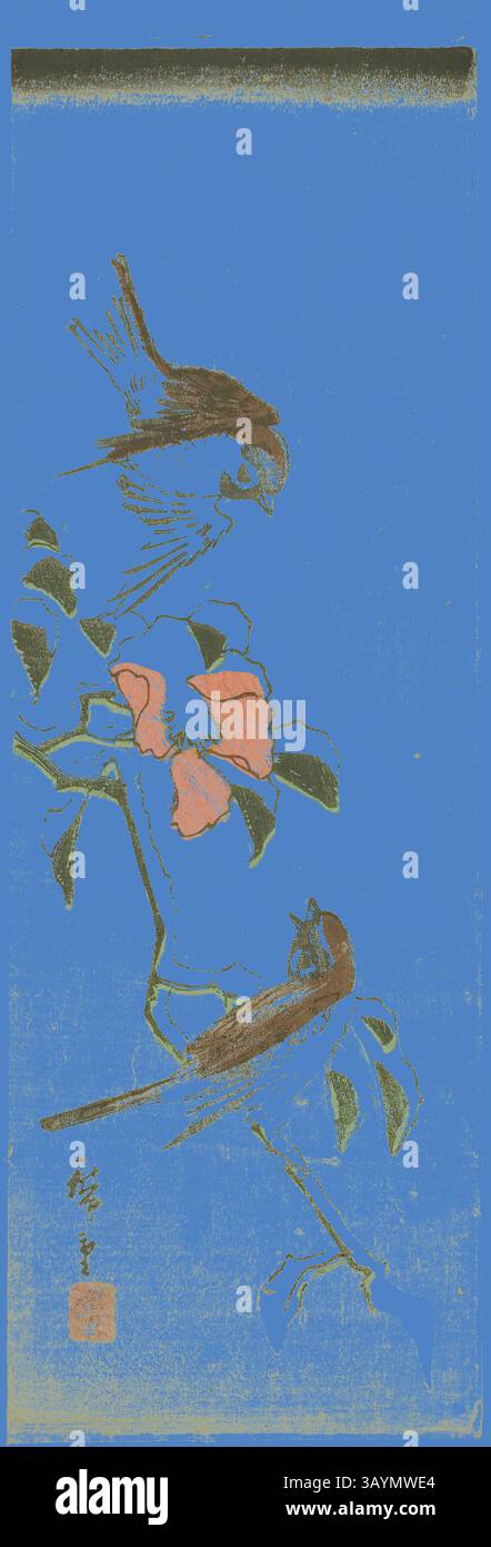 Deux oiseaux perchés au milieu de fleurs roses éclatantes et de feuilles vertes, sur fond bleu saisissant, dégageant un sentiment de tranquillité et de beauté naturelle. Moineaux et camélias dans la neige, années 1840, Utagawa Hiroshige 歌川 広重, japonais, 1797-1858, Japon, impression couleur sur bois, aitanzaku, 34,1 x 11,2 cm Art classique avec une touche moderne réinventée par Artotop Banque D'Images Deux oiseaux perchés au milieu de fleurs roses éclatantes et de feuilles vertes, sur fond bleu saisissant, dégageant un sentiment de tranquillité et de beauté naturelle. Moineaux et camélias dans la neige, années 1840, Utagawa Hiroshige 歌川 広重, japonais, 1797-1858, Japon, impression couleur sur bois, aitanzaku, 34,1 x 11,2 cm Art classique avec une touche moderne réinventée par Artotop Banque D'Images