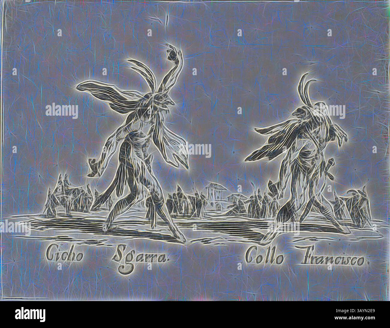 Deux personnages éthérés dansent dans une pose dynamique, entourés d'un fond mystique. Leurs formes allongées et leurs vêtements fluides suggèrent un lien avec la nature et le surnaturel, tandis qu'un paysage lointain évoque un monde enchanteur au-delà. Des étiquettes artistiques ornent le fond, ajoutant un sentiment d'identité aux figures. Pasquariello Truonno, Meo Squaquara, de Balli di Sfessania, v. 1622, Jacques Callot, français, 1592-1635, France, gravure et gravure sur papier, 70 × 92 mm Art classique avec une touche moderne réinventée par Artotop Banque D'Images