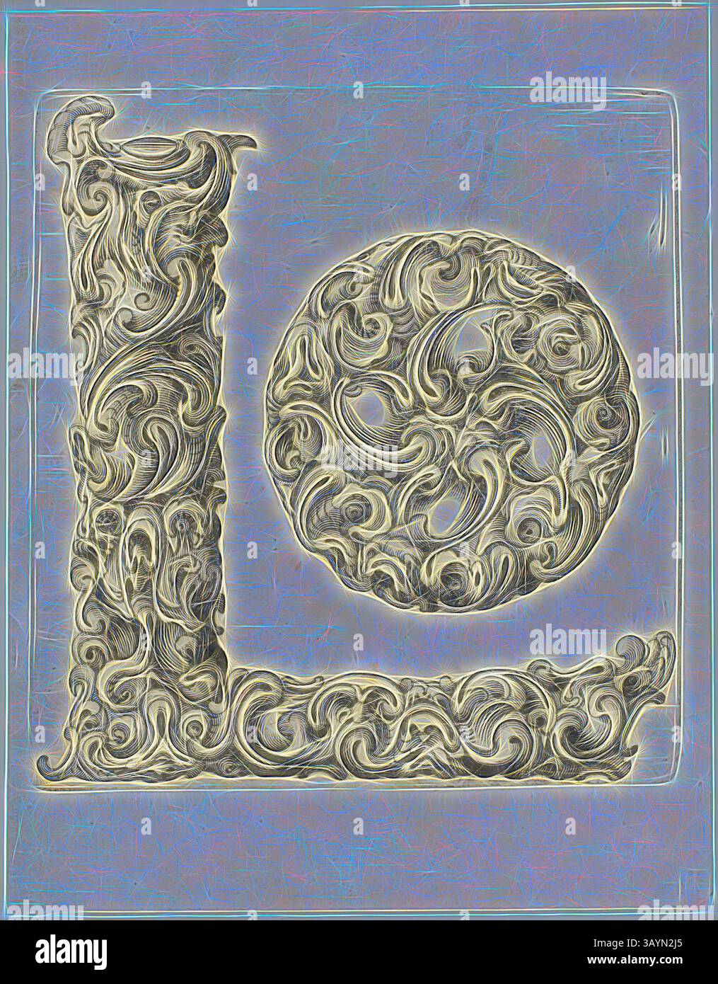 Le motif tourbillonnant comprend une lettre « l » ornée et un motif circulaire, tous deux étroitement entrelacés, créant une composition visuelle dynamique et texturée. Lettre l, 1630, Peter Aubry, allemand, 1596-1668, Allemagne, gravure sur papier, 223 x 174 mm Art classique avec une touche moderne réinventée par Artotop Banque D'Images