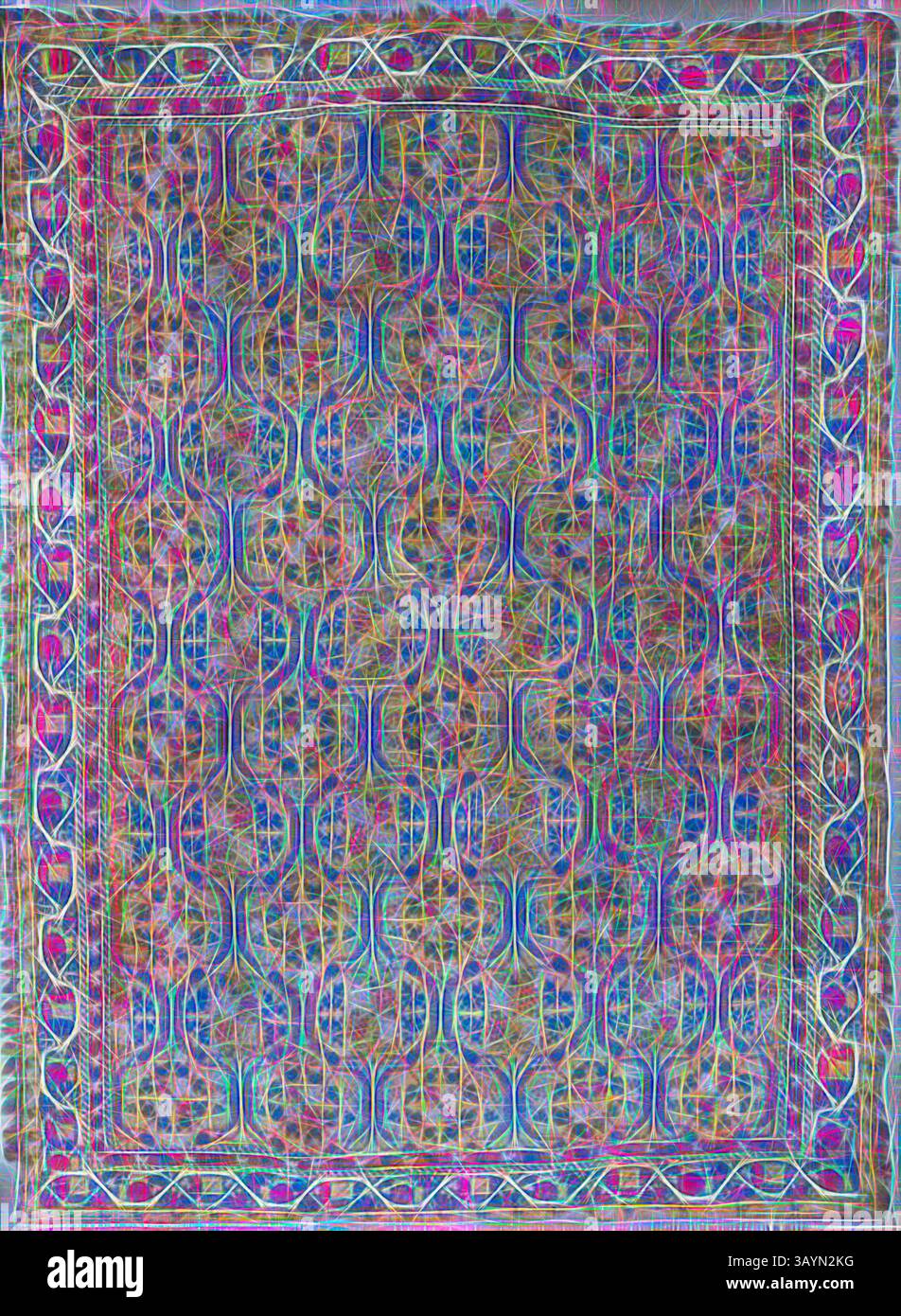 Un design textile complexe avec un motif complexe de formes géométriques et de couleurs vives, bordé par une garniture décorative qui rehausse son attrait visuel. Tapis, XVIIIe siècle, Espagne, Alpujarras, Espagne, soie, tissage Uni avec trame supplémentaire formant poil non coupé, lisière de tissage Uni se terminant par une frange de trame, 250,5 x 189,3 cm (98 5/8 x 74 1/2 po). Art classique avec une touche moderne réinventé par Artotop Banque D'Images