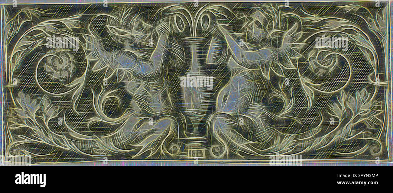 Un design complexe mettant en vedette deux êtres mythiques flanquant un vase central. Des motifs tourbillonnants élaborés et des motifs floraux créent un sentiment d'harmonie et de mouvement, soulignant le thème fantastique. La composition générale évoque un riche récit artistique. Ornement avec deux Tritons, de quatre vignettes, c. 1544, Sebald Beham, allemand, 1500-1550, Allemagne, gravure en noir sur papier ivoire, 22 x 54 mm (image/feuille, rognée à la plaque) Art classique avec une touche moderne réinventée par Artotop Banque D'Images