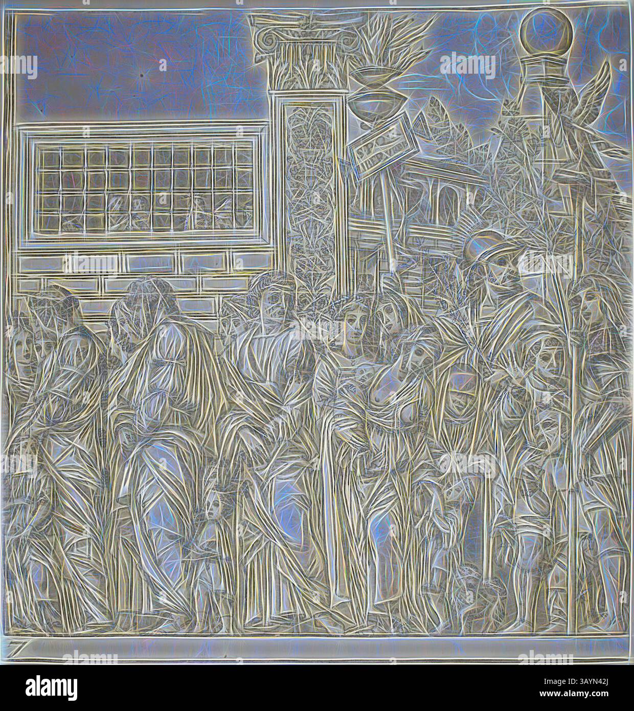 Une scène détaillée représentant un groupe de personnages en tenue ancienne, sur fond d'éléments architecturaux. Les expressions et les postures véhiculent une gamme d'émotions, faisant allusion à un événement significatif ou à un rassemblement centré autour d'un contexte historique. Des motifs et des textures complexes améliorent la complexité visuelle, suggérant le mouvement et l'interaction entre les personnages. Triomphe de César, 1599, Andrea Andreani (italien, 1558/59-1629), d'après Andrea Mantegna (italien, 1431-1506), Italie, Chiaroscuro gravure sur bois de quatre blocs en noir et clair, gris verdâtre moyen et foncé sur blanc cassé Banque D'Images