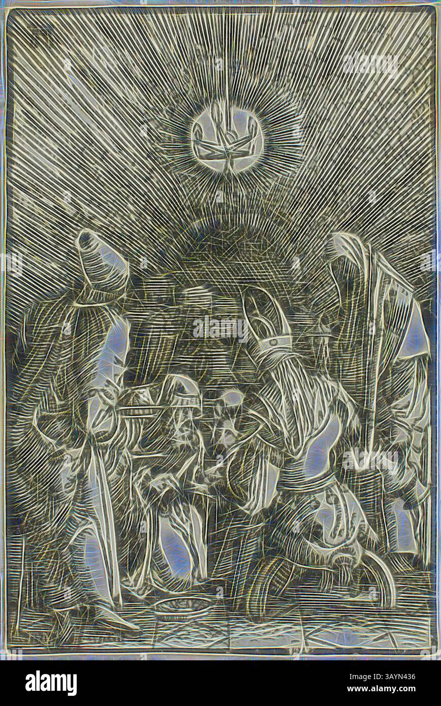 Une scène représentant des personnages s'engageant dans un moment de vénération, entourés d'une aura de lignes rayonnantes émanant d'en haut, suggérant une présence divine ou significative. L'atmosphère transmet un sentiment de solennité et de contemplation. La circoncision, de la chute et de la Rédemption de l'homme, 1513, Albrecht Altdorfer, allemand, c.1480-1538, Allemagne, gravure sur bois noir sur papier ivoire, 72 x 48 mm (image/bloc/feuille) Art classique avec une touche moderne réinventée par Artotop Banque D'Images