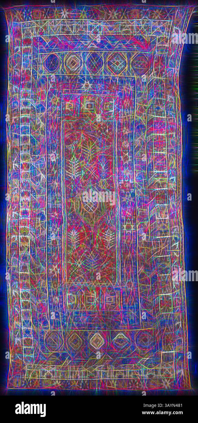 Une tapisserie vibrante de motifs géométriques complexes et de motifs tourbillonnants, avec un motif central bordé par une série de formes et de lignes ornées qui créent une sensation de profondeur et de mouvement. Tapis, 1875–1900, Maroc, Rabat, Maroc, laine, tissage Uni avec des trames enveloppantes supplémentaires formant poil coupé grâce à une technique connue sous le nom de noeuds 'turcs' (Ghiordes) Art classique avec une touche moderne réinventée par Artotop Banque D'Images