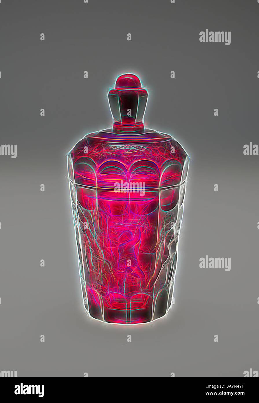 Un récipient décoratif avec des motifs complexes, affiché avec une lueur lumineuse qui souligne sa forme et son design élégants. Les couleurs éclatantes renforcent son attrait visuel, créant une présence saisissante, presque éthéré. Bécher avec couvercle, 1685/1700, gravure attribuée à Gottfried von Spiller (allemand, né en Tchécoslovaquie, c. 1663-1728), Allemagne, Potsdam, Potsdam, verre rubis, 19,1 × 8,1 cm (7 1/2 × 3 3/16 po) Art classique avec une touche moderne réinventé par Artotop Banque D'Images