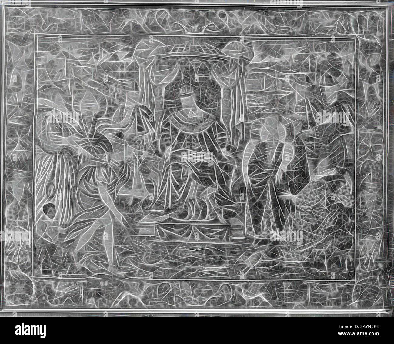 Une scène stylisée représentant une figure royale assise sur un trône, flanquée de deux préposés. L'arrière-plan présente des motifs complexes, créant une sensation de profondeur et de mouvement. La composition globale évoque une qualité tapisserie, mêlant figures détaillées et éléments abstraits. Photo, 1575/1600, Angleterre, soie et laine, brodée, 139,7 × 170,2 cm (55 × 67 po) Art classique avec une touche moderne réinventé par Artotop Banque D'Images