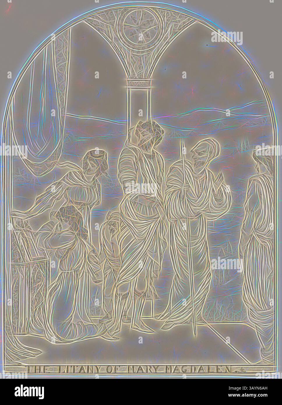 Une représentation détaillée d'une scène biblique avec plusieurs personnages, dont Marie Madeleine et Jésus. La composition illustre un moment d’importance émotionnelle, avec des figures exprimant divers gestes et postures, dans un contexte architectural. La litanie de Mary Magdalen, 1891, attribuée à Aubrey Vincent Beardsley, anglais, 1872-1898, Angleterre, graphite sur papier tissé ivoire, 227 × 169 mm Art classique avec une touche moderne réinventée par Artotop Banque D'Images