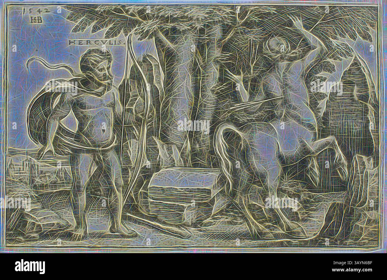 Une figure musclée, identifiée comme Hercule, se dresse fièrement avec un club à la main, entourée d'un riche feuillage et d'un arbre majestueux. À proximité, une autre figure apparaît dans une pose dynamique, ajoutant au sens de l'action et de la grandeur mythologique dans cette scène. Hercule et Nessus, des travaux d'Hercule, 1542, Sebald Beham, allemand, 1500-1550, Allemagne, gravure en noir sur papier ivoire, 50 x 78 mm (image/plaque), 52 x 79 mm (feuille) Art classique avec une touche moderne réinventée par Artotop Banque D'Images