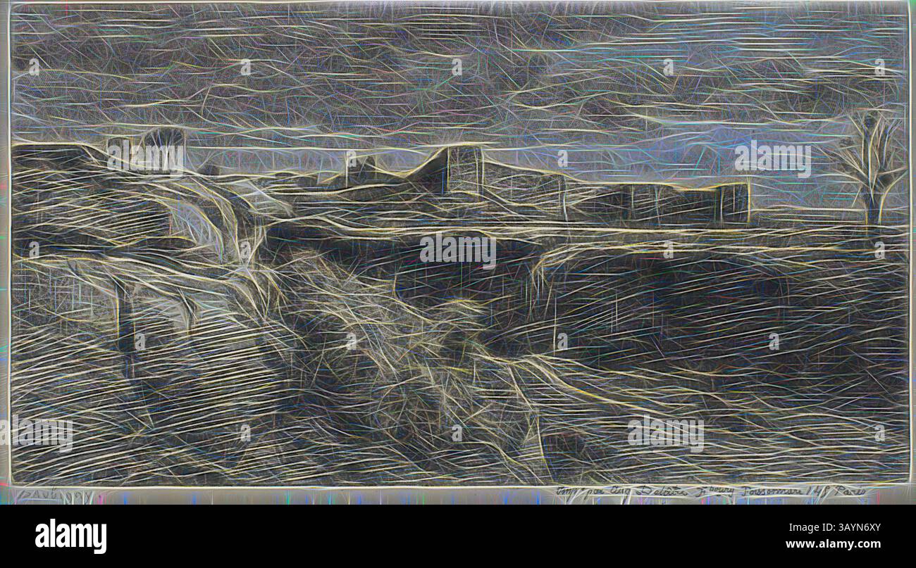 Un paysage sombre présente un terrain accidenté et des structures lointaines, avec des lignes tourbillonnantes qui créent une sensation de mouvement et de texture, capturant une atmosphère sombre sous un ciel dramatique. Ruines du Château de Crémieux (Isère), 1850, Charles François Daubigny, français, 1817-1878, France, gravure, roulette et aquatinte sur papier crème japonais, 93 × 174 mm (image), 121 × 197 mm (planche), 265 × 395 mm (feuille), étude pour la Cour de l'Échiquier, de Microcosme de Londres, vers 1808, Augustus Charles Pugin (anglais, né en France, 1762-1832), Thomas Rowlandson (anglais, 1756-1827), Angleterre, graphite sur ivoire tissé Banque D'Images Un paysage sombre présente un terrain accidenté et des structures lointaines, avec des lignes tourbillonnantes qui créent une sensation de mouvement et de texture, capturant une atmosphère sombre sous un ciel dramatique. Ruines du Château de Crémieux (Isère), 1850, Charles François Daubigny, français, 1817-1878, France, gravure, roulette et aquatinte sur papier crème japonais, 93 × 174 mm (image), 121 × 197 mm (planche), 265 × 395 mm (feuille), étude pour la Cour de l'Échiquier, de Microcosme de Londres, vers 1808, Augustus Charles Pugin (anglais, né en France, 1762-1832), Thomas Rowlandson (anglais, 1756-1827), Angleterre, graphite sur ivoire tissé Banque D'Images