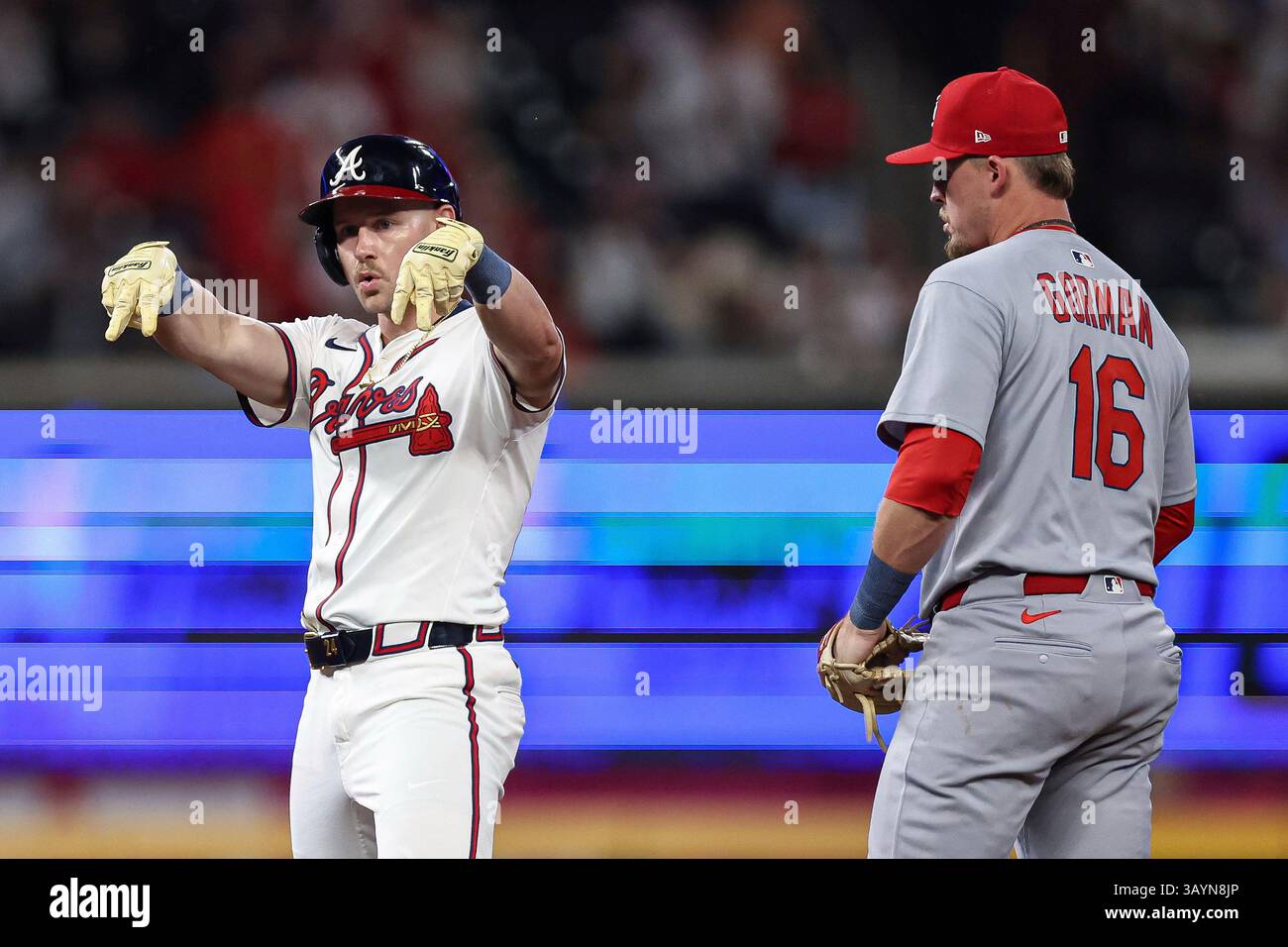 Atlanta Braves' Jarred Kelenic reacts after hitting a double in the fourth inning of a baseball game against the St. Louis Cardinals, Tuesday, April 22, 2025, in Atlanta. (AP Photo/Colin Hubbard) Banque D'Images