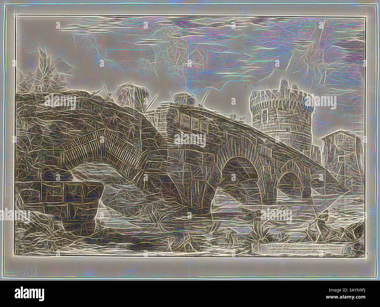 Représentation texturée d'un pont de pierre historique, reliant deux masses terrestres, avec une grande tour qui se profile en arrière-plan. La scène transmet un sentiment d'âge et de grandeur, encadrée par des lignes abstraites et des teintes douces. Vue du Ponte Lugano sur l'Anio, vue de Rome, 1763, Giovanni Battista Piranesi, italien, 1720-1778, Italie, gravure sur papier ivoire lourd, 450 x 658 mm (image), 458 x 665 mm (plaque), 510 x 696 mm (feuille) Art classique avec une touche moderne réinventée par Artotop Banque D'Images