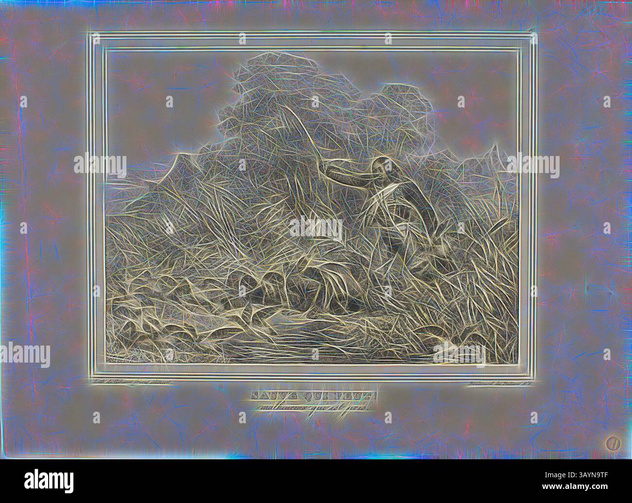 Une scène de nature sereine présente une paire de cerfs nichés parmi de hautes herbes, entourés d'un feuillage dense, capturant la tranquillité d'un moment calme dans la nature. Every Man for He !, 1833, Denis Auguste Marie Raffet (1804-1860), imprimé par chez Gihaut Frères (19e siècle), France, lithographie en noir sur papier tissé tan, 195 × 259 mm (image), 288 × 398 mm (feuille) Art classique avec une touche moderne réinventée par Artotop Banque D'Images