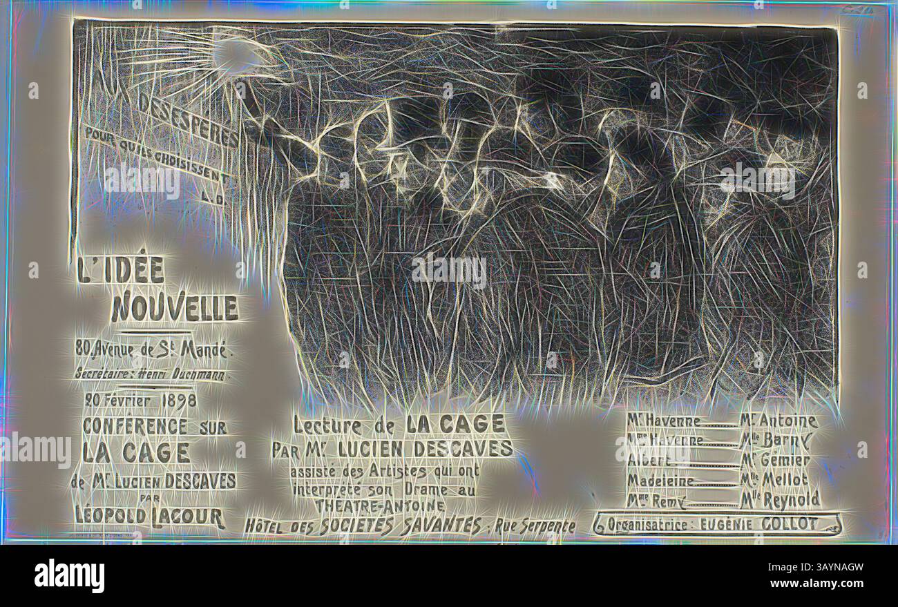 Une annonce d'événement historique présente une représentation artistique d'un groupe de personnes rassemblées pour une conférence sur 'la cage' de M. Lucien Descaves. Les détails comprennent la date, le lieu et les noms des participants, mettant en évidence un rassemblement d'intellectuels et d'artistes au Hôtel des sociétés savantes. L’idée Nouvelle, février 1898, Théophile-Alexandre Steinlen, Français, né en Suisse, 1859-1923, France, lithographie en noir sur papier tissé crème, 199 × 392 mm (image), 275 × 448 mm (feuille) Art classique avec une touche moderne réinventé par Artotop Banque D'Images