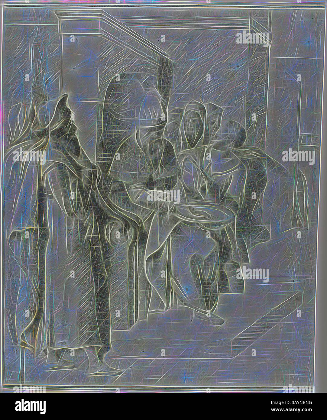 Un groupe de personnages engagés dans une conversation, avec une figure gestuelle comme si elle était accentuée, tandis que d'autres écoutent attentivement. La scène est remplie de vêtements fluides et de détails complexes, suggérant un contexte dramatique ou historique. Pilate se lavant les mains, le Christ étant conduit loin : partie gauche, s.d., Giovanni da Bologna, après, italien, 1529-1608, Italie, craie noire sur papier couché bleu, 454 x 377 mm Art classique avec une touche moderne réinventée par Artotop Banque D'Images