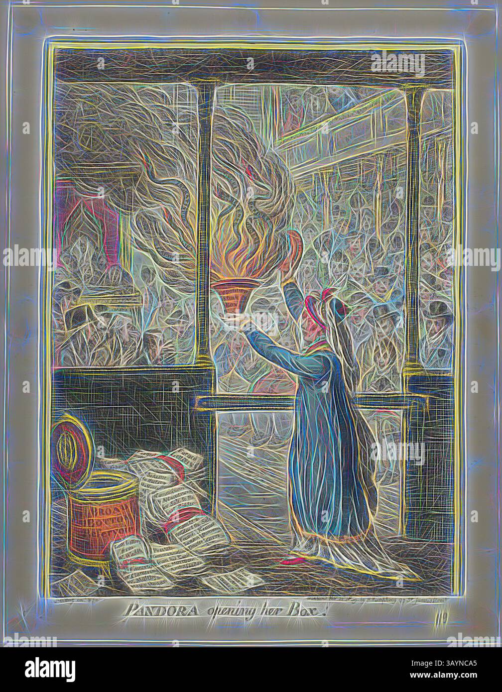 Une figure se pose bien en vue au centre, tenant un vaisseau qui libère des flammes vibrantes, symbolisant le déclenchement des malheurs humains. Autour de la figure se trouve une foule captivée, leurs expressions un mélange de crainte et d'appréhension, comme une toile de fond complexe avec des livres et une boîte mystérieuse, faisant allusion aux thèmes de la curiosité et des conséquences. Pandora Opening Her Box, publié le 22 février 1809, James Gillray (anglais, 1756-1815), publié par Hannah Humphrey (anglais, c. 1745-1818), Angleterre, gravure colorée à la main sur papier, 338 × 251 mm (image), 360 × 262 mm (plaque), 385 × 300 mm (feuille Banque D'Images