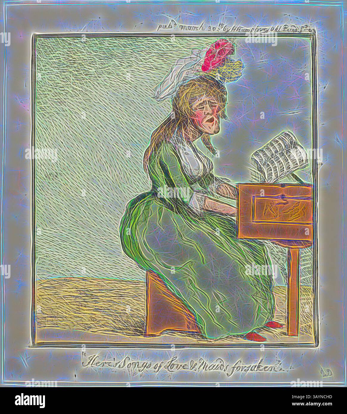 Une femme vêtue d'une tenue d'époque, assise à un petit piano, apparaît absorbée par sa musique alors qu'elle tourne les pages d'un drap avec un ornement floral accentuant sa coiffure. La scène évoque un sentiment de nostalgie, soulignant le thème des mélodies oubliées. Here’s Songs of Love and Maids Forsaken, publié le 30 mars 1793, James Gillray (anglais, 1756-1815), Edité par Hannah Humphrey (anglais, c. 1745-1818), Angleterre, gravure en brun foncé, avec coloration manuelle, sur papier tissé crème, 207 × 188 mm (image), 250 × 224 mm (plaque/feuille) Art classique avec une touche moderne réinventé par Artotop Banque D'Images