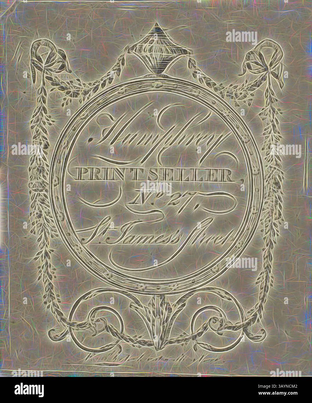 Emblème décoratif portant le nom « Adam Jeffrey » bien en vue comme graveur, accompagné de l'adresse « No. 37, marque James Street », entouré d'éléments floraux complexes et de détails ornementaux. Humphrey, Printseller, No. 27 : James’s Street, n.d., John Lockington, English, active 18th Century, Angleterre, gravure sur papier tissé ivoire, 63 × 52 mm (plaque), 67 × 56 mm (feuille) Art classique avec une touche moderne réinventée par Artotop Banque D'Images