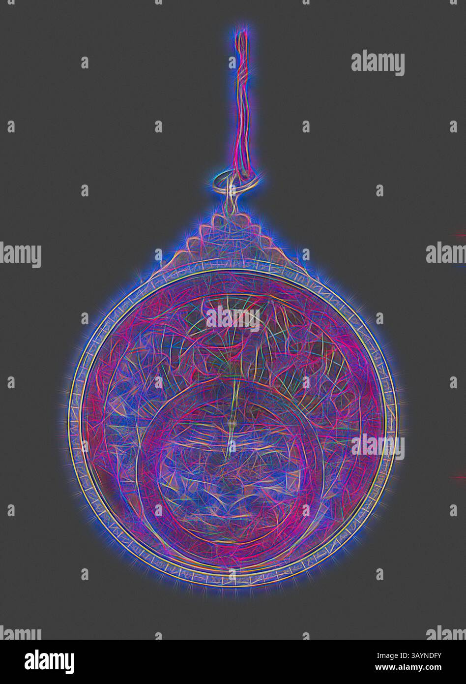 Un pendule décoratif aux motifs complexes, illuminé par des couleurs vives qui mettent en valeur sa forme circulaire et ses motifs détaillés. L'objet semble suspendu, créant une présence éthérée et dynamique. Astrolabe, dynastie Qajar (1796-1925), XVIIIe siècle, avec des ajouts ultérieurs, Iran, Ispahan, Iran, laiton avec décor percé et gravé, 25,2 × 18,5 × 3 cm (9 15/16 × 7 1/4 × 1 3/16 po.) Art classique avec une touche moderne réinventé par Artotop Banque D'Images