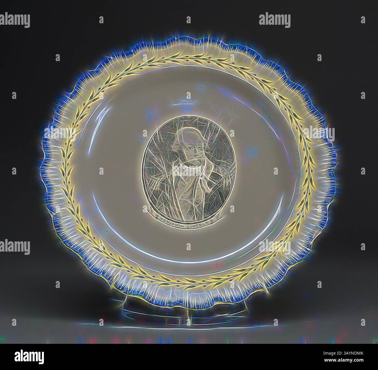 Une plaque décorative avec un portrait minutieusement détaillé entouré d'une couronne de laurier, mettant en valeur le savoir-faire et l'élégance artistique. Plate, c. 1790, anglais pour le marché américain, Leeds, Angleterre, Creamware, Diam. 24,3 cm (9 9/16 po) Art classique avec une touche moderne réinventé par Artotop Banque D'Images