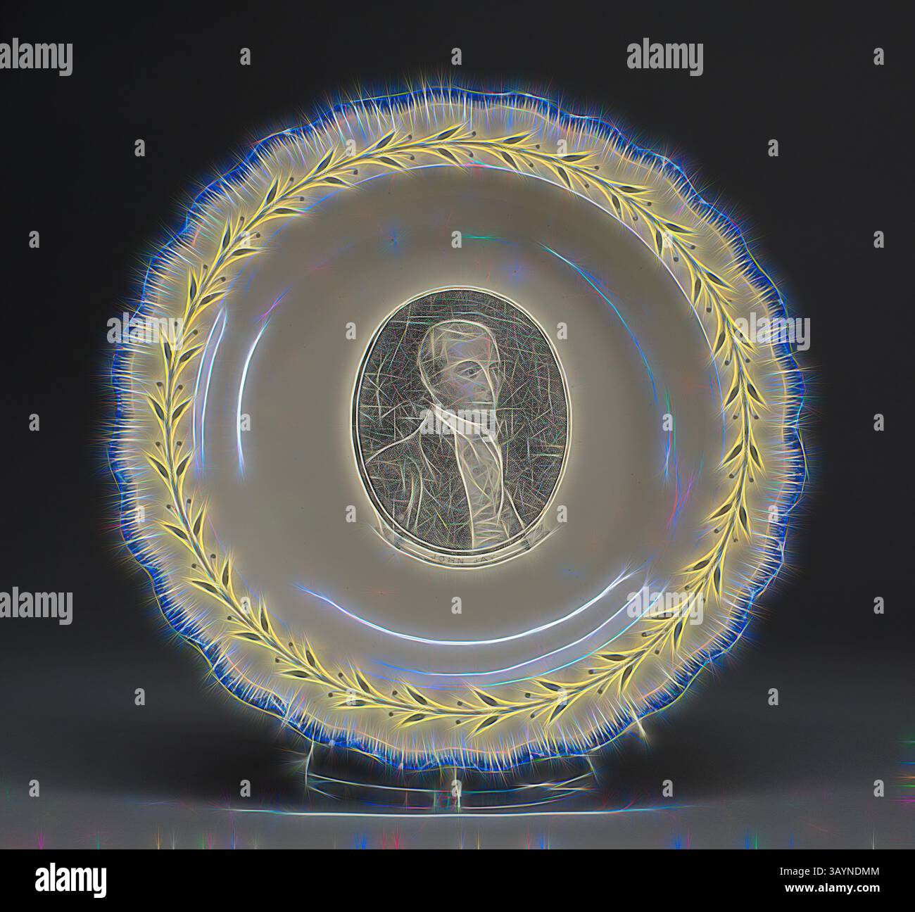 Assiette décorative ornée d'un portrait complexe entouré d'une délicate couronne de laurier, aux détails fins et à la présentation élégante. Assiette à soupe, c. 1790, anglais pour le marché américain, Leeds, Angleterre, Creamware, Diam. 24,3 cm (9 9/16 po) Art classique avec une touche moderne réinventé par Artotop Banque D'Images