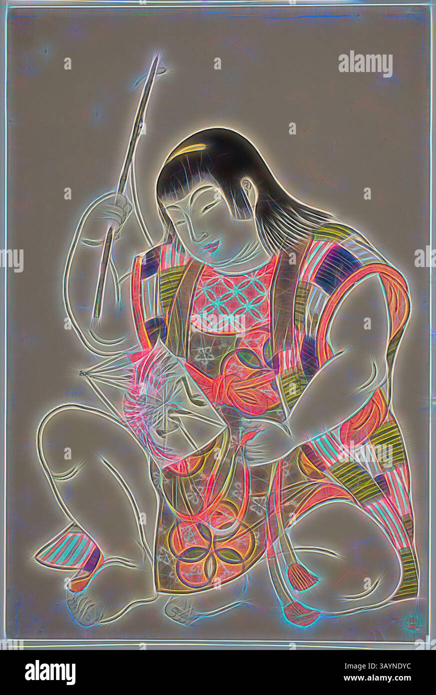 Un personnage s'agenouille tout en se concentrant intentionnellement sur une œuvre d'art, tenant un pinceau dans une main et examinant un motif coloré et à motifs dans l'autre. La tenue présente des motifs floraux vibrants, suggérant un thème culturel ou artistique. Boy as Hotei, d'une série sans titre d'enfants comme les sept dieux de la bonne fortune, années 1780, Kitao Shigemasa, japonais, 1739-1820, Japon, impression sur bois couleur, oban, 15 1/8 × 10 po. Art classique avec une touche moderne réinventé par Artotop Banque D'Images