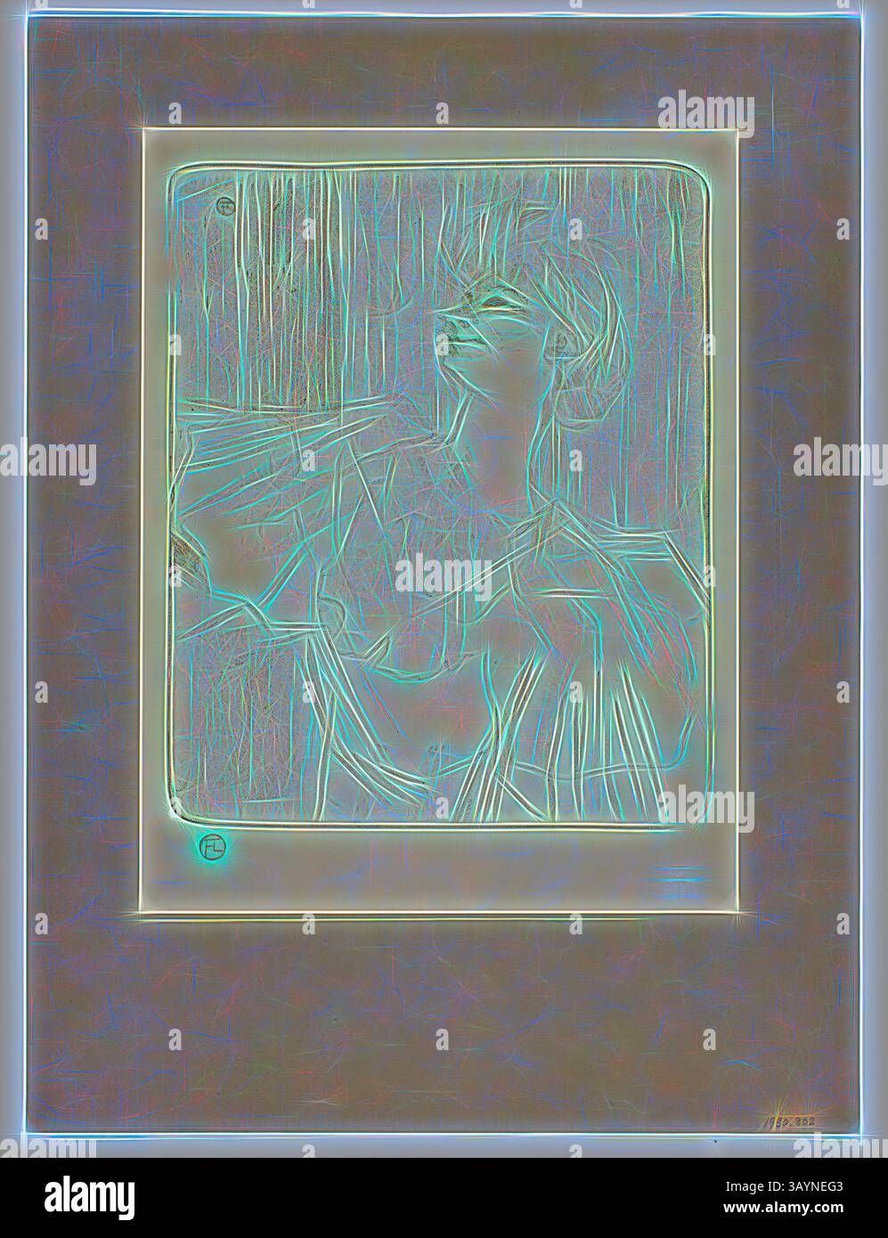 Une figure pose gracieusement, entourée d'un contour doux et abstrait qui rehausse les contours et les détails de la scène. La composition souligne une qualité éthérée, mêlant des éléments artistiques avec un sentiment de calme. à Menilmontant de Bruant, planche quatre d'Yvette Guilbert, 1898, imprimée en 1930, Henri de Toulouse-Lautrec (français, 1864-1901), imprimée par Westminster Press (anglais, XXe siècle), éditée par Ernest Brown & Phillips (anglais, XXe siècle), France, lithographie (crayon avec grattoir) en sanguine (rouge-brun) sur papier de laine crème articulé aux coins supérieurs sur papier de laine gris-brun, 296 Banque D'Images