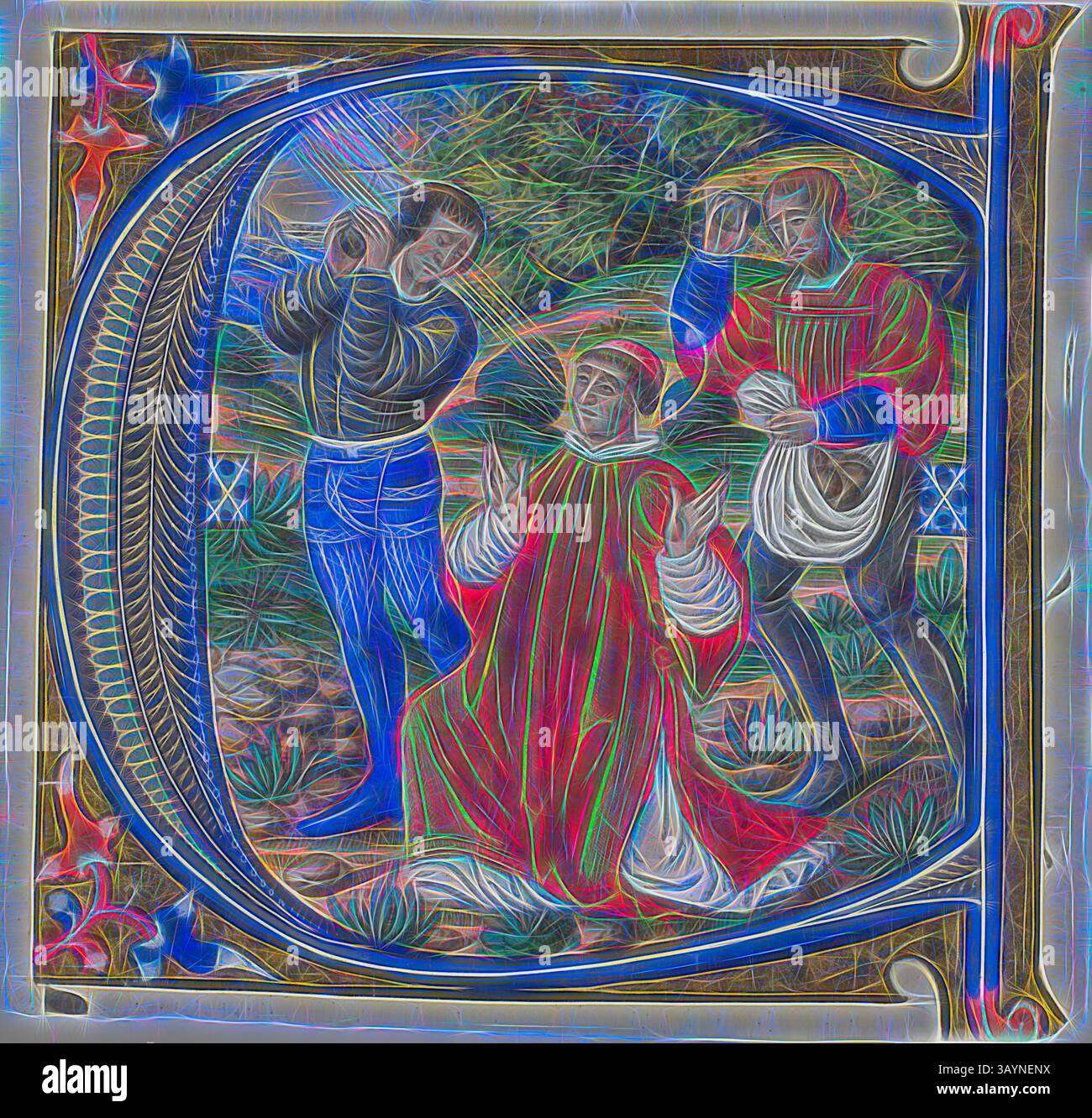 Une scène vibrante représente un moment d'intrigue et de drame, avec une figure agenouillée dans des robes rouges élaborées, entourée de deux individus attentifs. L'un des gestes est animé, tandis que l'autre semble contemplatif, sur fond de verdure luxuriante et d'éléments décoratifs ornés. La composition globale suggère un récit de tension ou de dialogue entre les personnages. La lapidation de Saint Etienne dans une initiale Historiée A ou C d'un graduel, c. 1500, français (Paris), cercle du Maître de Jacques de Besançon ou du Maître de Morgan 85, France, manuscrit taillé en tempera et feuille d'or Banque D'Images