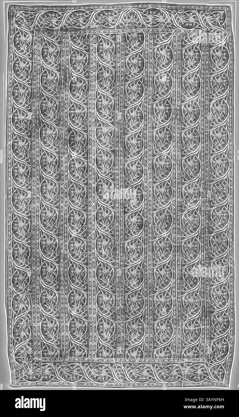 Des motifs tourbillonnants complexes se tissent à travers une série de lignes ornées, créant un design complexe et captivant qui évoque un sentiment d'élégance et de symétrie. Tapis, XVIIIe siècle, Espagne, laine et lin, tissage Uni avec chaînes supplémentaires formant velours coupé, dix bandes jointes, 346,3 x 200,5 cm (136 1/4 x 79 in.) Art classique avec une touche moderne réinventé par Artotop Banque D'Images