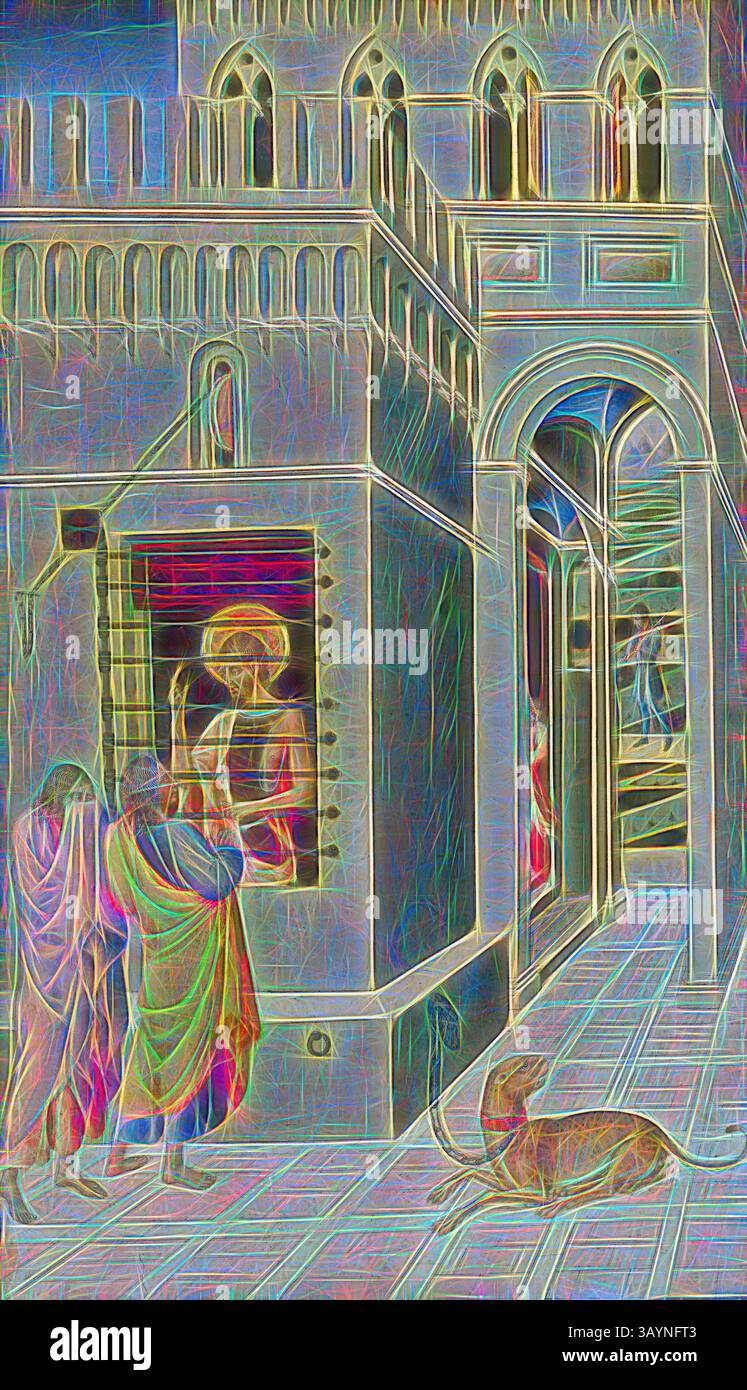 Une scène vibrante représentant des personnages dans des robes fluides, engagés dans la conversation près d'une arche de conception complexe. Une représentation sereine d'une figure peut être vue en arrière-plan, tandis qu'un chien se prélasse à proximité, ajoutant une sensation de calme à l'atmosphère animée. Saint Jean Baptiste en prison visité par deux disciples, 1455/60, Giovanni di Paolo, Italien, 1398-1482, Italie, Tempera sur panneau, 68,3 × 40 cm (26 7/8 × 15 3/4 po), surface peinte : 66,3 × 37,8 cm (26 1/16 × 14 7/8 po) Art classique avec une touche moderne réinventé par Artotop Banque D'Images Une scène vibrante représentant des personnages dans des robes fluides, engagés dans la conversation près d'une arche de conception complexe. Une représentation sereine d'une figure peut être vue en arrière-plan, tandis qu'un chien se prélasse à proximité, ajoutant une sensation de calme à l'atmosphère animée. Saint Jean Baptiste en prison visité par deux disciples, 1455/60, Giovanni di Paolo, Italien, 1398-1482, Italie, Tempera sur panneau, 68,3 × 40 cm (26 7/8 × 15 3/4 po), surface peinte : 66,3 × 37,8 cm (26 1/16 × 14 7/8 po) Art classique avec une touche moderne réinventé par Artotop Banque D'Images