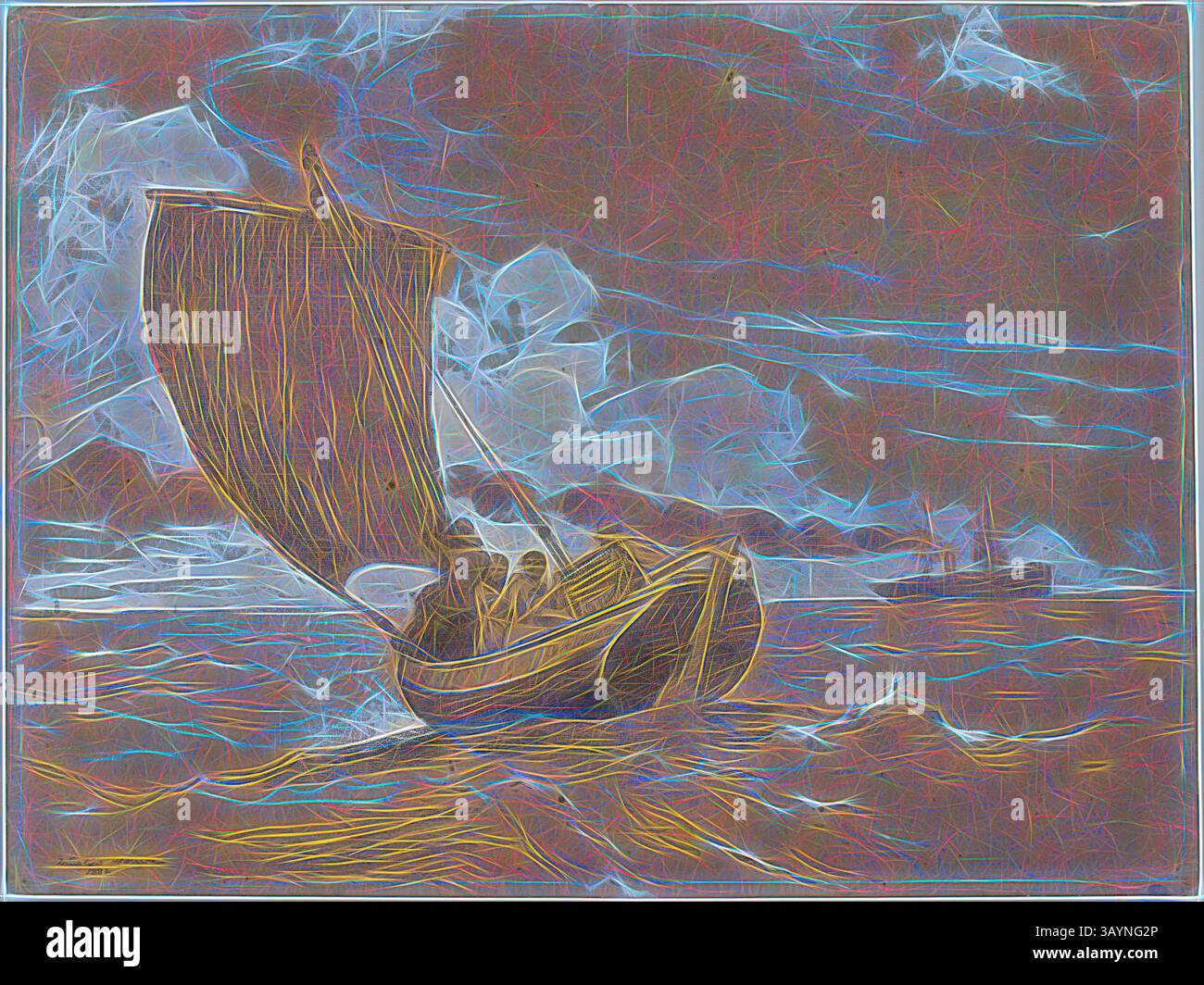 Un voilier glisse dans des eaux vibrantes, sa vaste voile attrape le vent sur fond de nuages tourbillonnants et de caractéristiques terrestres lointaines, créant un sentiment d'aventure et d'exploration. Pêche au large de Scarborough, 1882, Winslow Homer, américain, 1836-1910, Etats-Unis, graphite et aquarelle blanche opaque, avec des traces de craie noire, sur papier de poids moyen, légèrement texturé, bronzé avec des fibres bleues et rouges, 462 x 618 mm Art classique avec une touche moderne réinventée par Artotop Banque D'Images