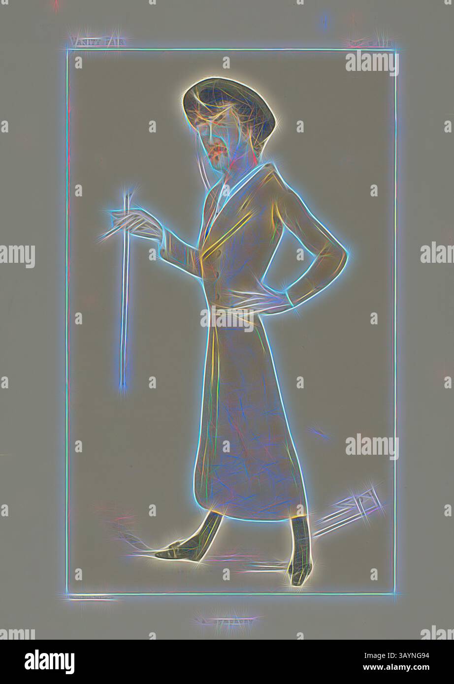 Une silhouette élégante se tient en confiance, tenant une baguette avec un comportement ferme. Vêtu d'un long manteau et d'un chapeau, le personnage dégage un air de sophistication et de mystère, rehaussé par un contour vibrant et éclatant qui ajoute une touche magique. Une Symphonie, 1878, Leslie Ward, appelé Spy, anglais, 1851-1922, Angleterre, lithographie colorée sur papier, 307 × 185 mm Art classique avec une touche moderne réinventée par Artotop Banque D'Images