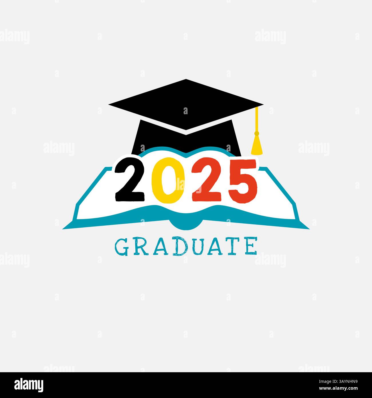 Logo créatif éducatif pour les diplômés de la 2025e année. Concept de badge. Icône décorative. Bannière scolaire. Eléments graphiques isolés. Ouvrez le livre bleu et noir Illustration de Vecteur